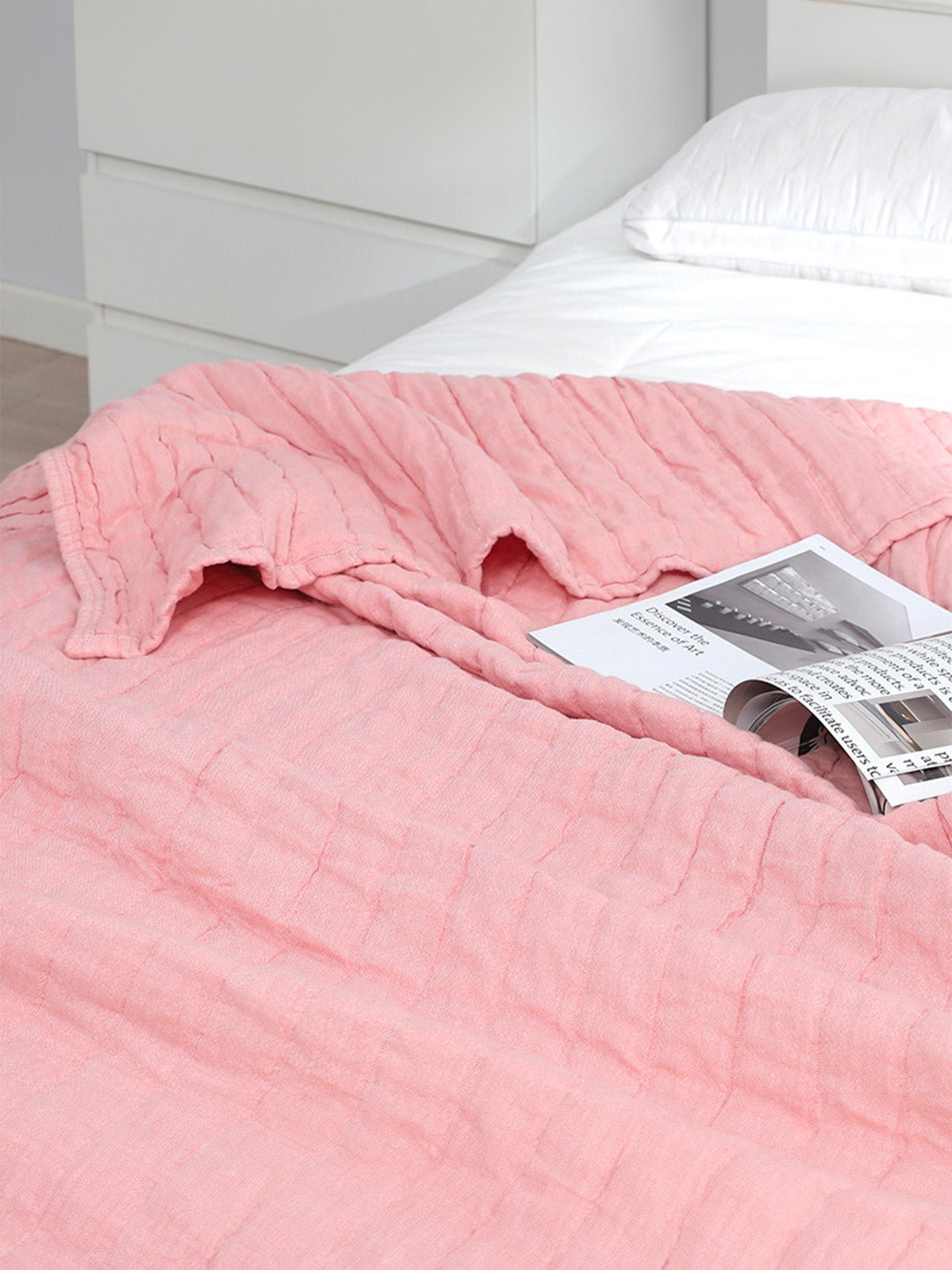Plaid coton double gaze, couverture été, jeté de lit gaufré, plaid canapé, linge de maison doux, été automne, modèle Eliel - Rose 150 x 200 cm