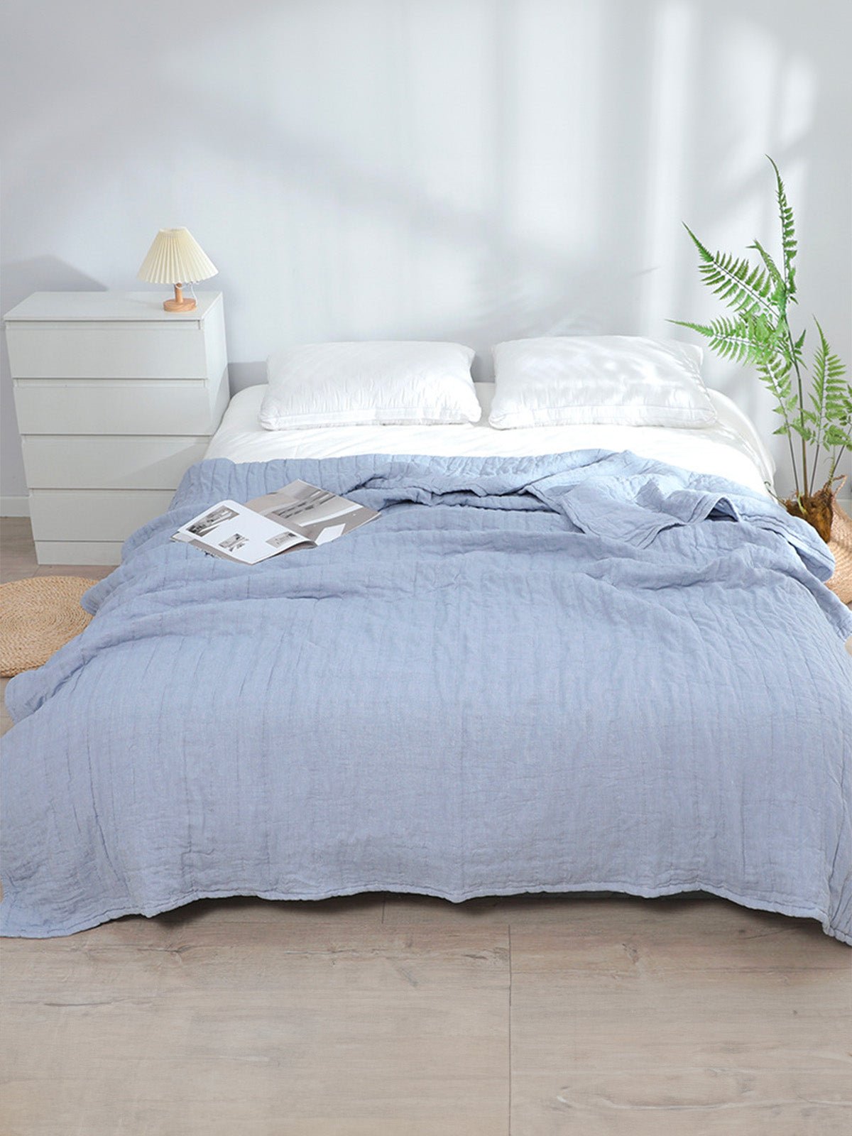 Plaid coton double gaze, couverture été, jeté de lit gaufré, plaid canapé, linge de maison doux, été automne, modèle Eliel - Bleu 150 x 200 cm
