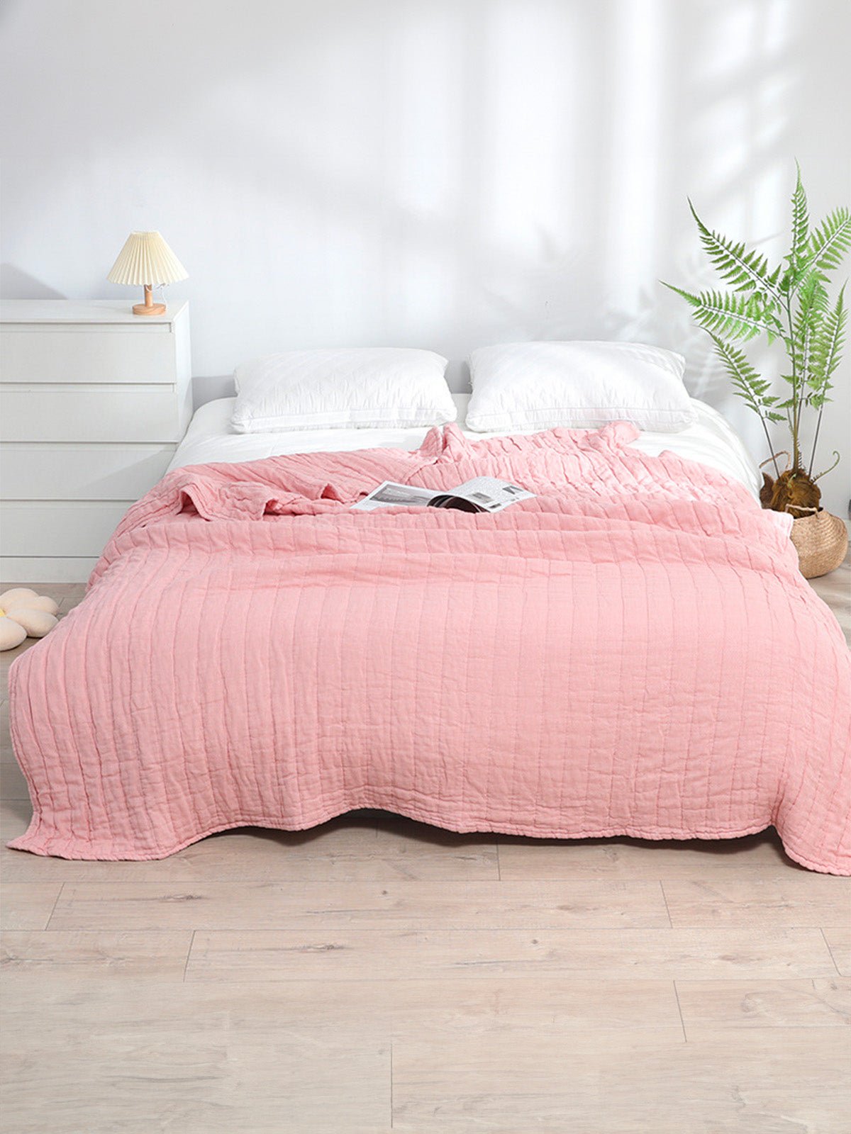 Plaid coton double gaze, couverture été, jeté de lit gaufré, plaid canapé, linge de maison doux, été automne, modèle Eliel - Rose 150 x 200 cm