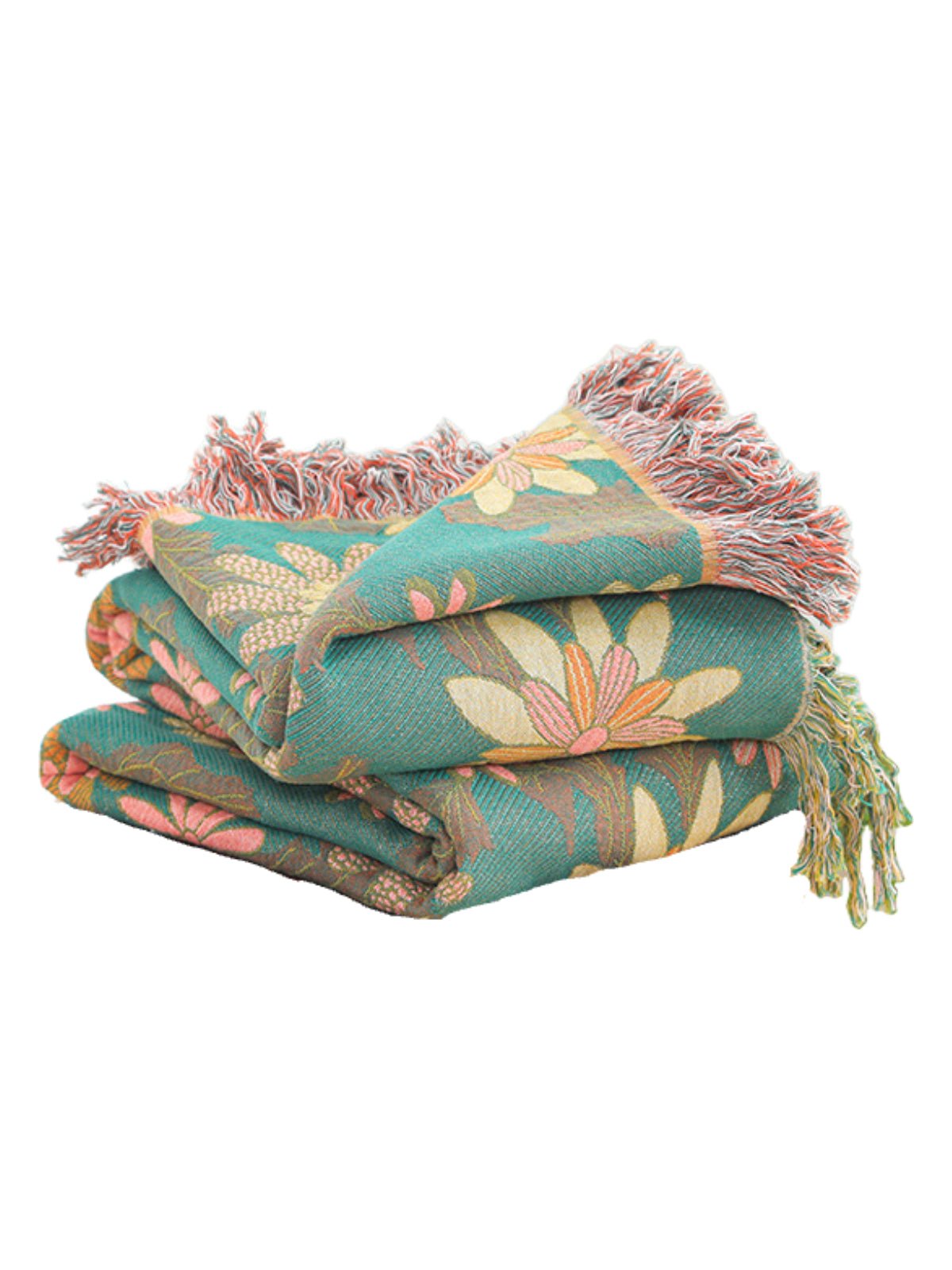 Plaid coton fleurs colorées, couverture décorative, jeté de canapé, grand format, ambiance naturelle, modèle Olya - Vert 250 x 230 cm