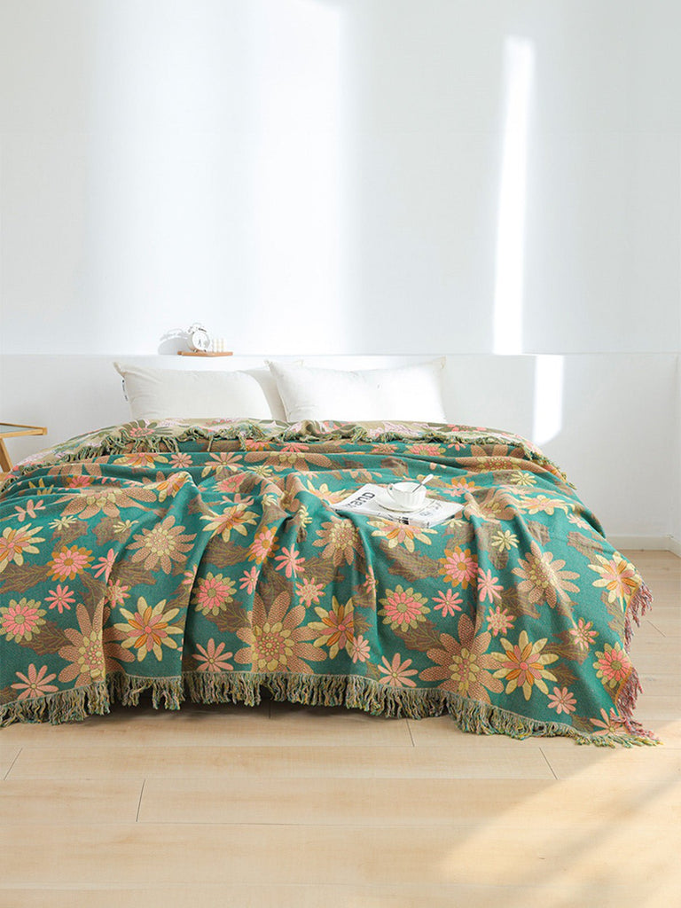 Plaid coton fleurs colorées, couverture décorative, jeté de canapé, grand format, ambiance naturelle, modèle Olya - Vert 250 x 230 cm