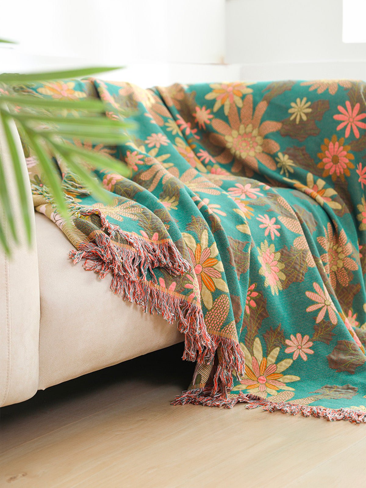 Plaid coton fleurs colorées, couverture décorative, jeté de canapé, grand format, ambiance naturelle, modèle Olya - Vert 250 x 230 cm