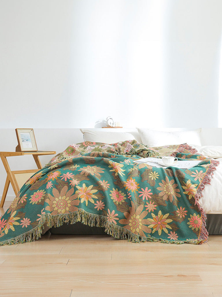 Plaid coton fleurs colorées, couverture décorative, jeté de canapé, grand format, ambiance naturelle, modèle Olya - Vert 250 x 230 cm