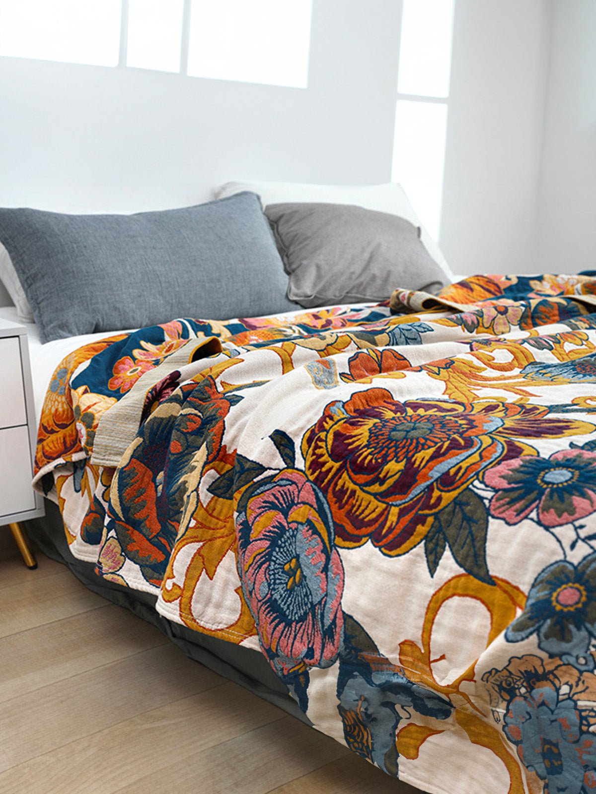 Plaid coton floral, couverture respirante, jeté de lit double, motif botanique coloré, tissu doux 5 couches, gaze de coton, modèle Sorenz - Multicolore 200 x 230 cm