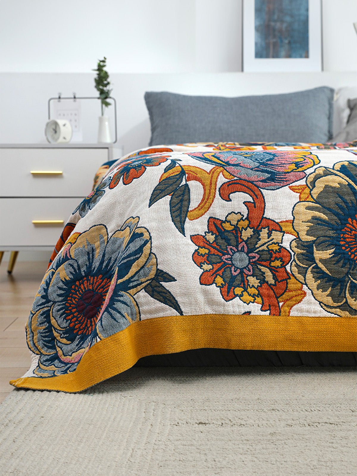 Plaid coton floral, couverture respirante, jeté de lit double, motif botanique coloré, tissu doux 5 couches, gaze de coton, modèle Sorenz - Multicolore 200 x 230 cm