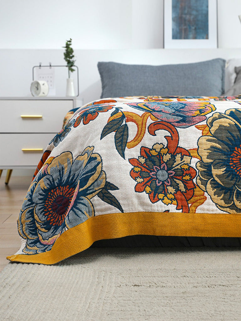 Plaid coton floral, couverture respirante, jeté de lit double, motif botanique coloré, tissu doux 5 couches, gaze de coton, modèle Sorenz - Multicolore 200 x 230 cm