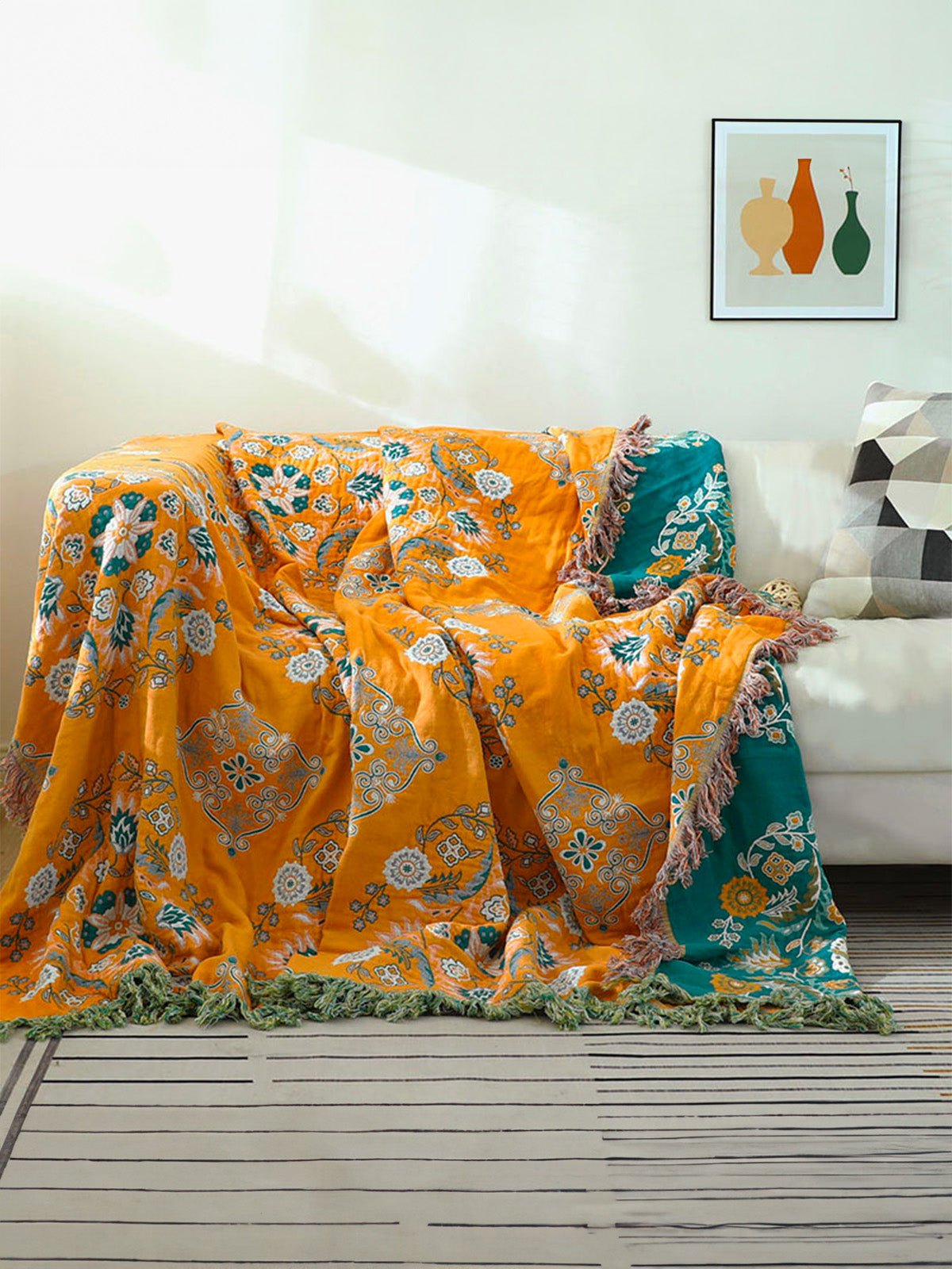 Plaid coton imprimé floral, couverture canapé réversible, jeté décoratif frangé, plaid double face, motif bohème, modèle Luanis - Jaune et vert 230 x 250 cm
