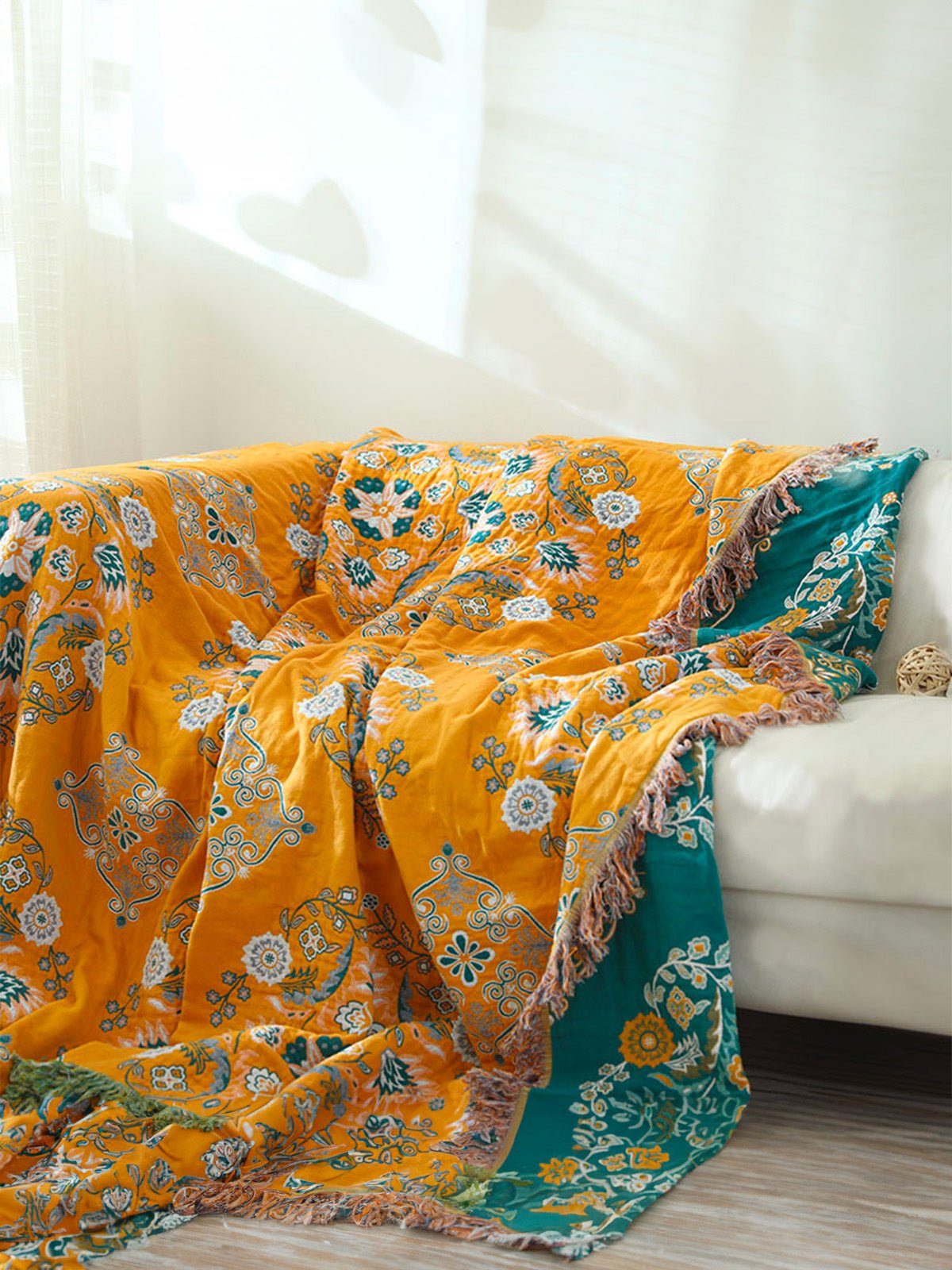 Plaid coton imprimé floral, couverture canapé réversible, jeté décoratif frangé, plaid double face, motif bohème, modèle Luanis - Jaune et vert 230 x 250 cm