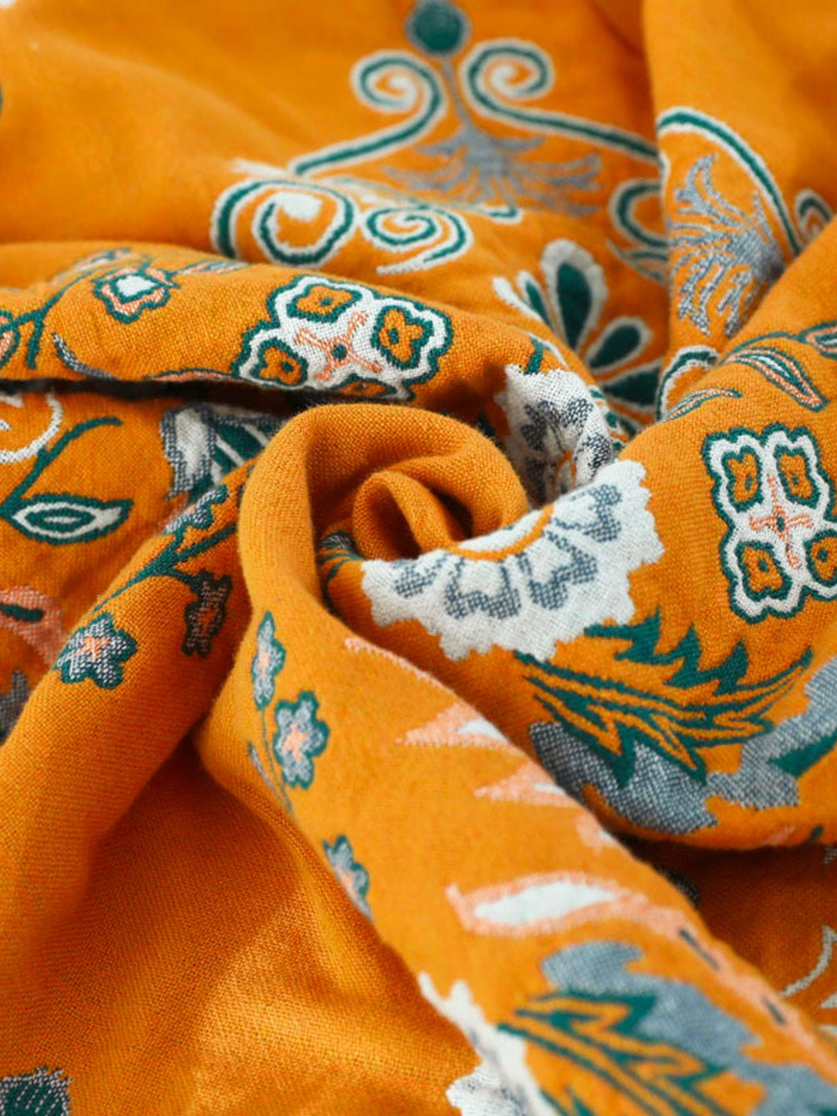 Plaid coton imprimé floral, couverture canapé réversible, jeté décoratif frangé, plaid double face, motif bohème, modèle Luanis - Jaune et vert 230 x 250 cm