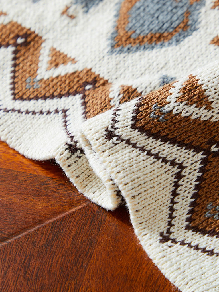 Plaid coton jacquard, couverture canapé, style ethnique, grande taille, doux et chaud, motif géométrique, modèle Zeren - Blanc et marron 130 x 150 cm