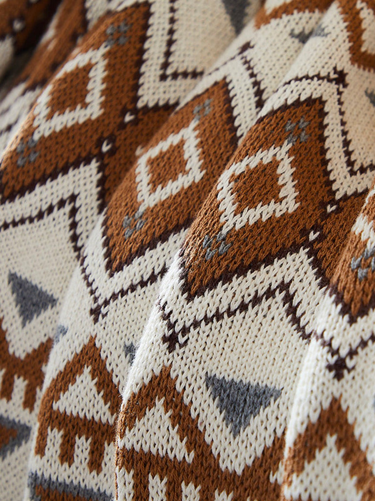 Plaid coton jacquard, couverture canapé, style ethnique, grande taille, doux et chaud, motif géométrique, modèle Zeren - Blanc et marron 130 x 150 cm