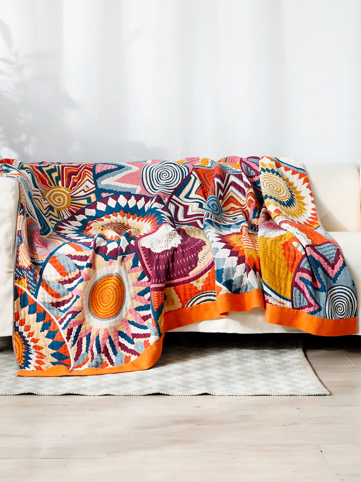 Plaid coton lavable, couverture d'été légère, jeté de lit coloré, design géométrique, brodé main, modèle Tarei - Multicolore 150 x 200 cm