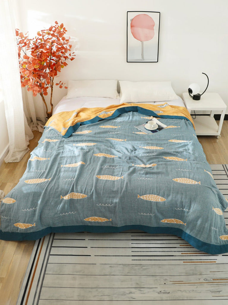Plaid coton léger, couverture d'été, motif poisson, sardine, double face, grande taille, modèle Azel - Gris et jaune 150 x 200 cm