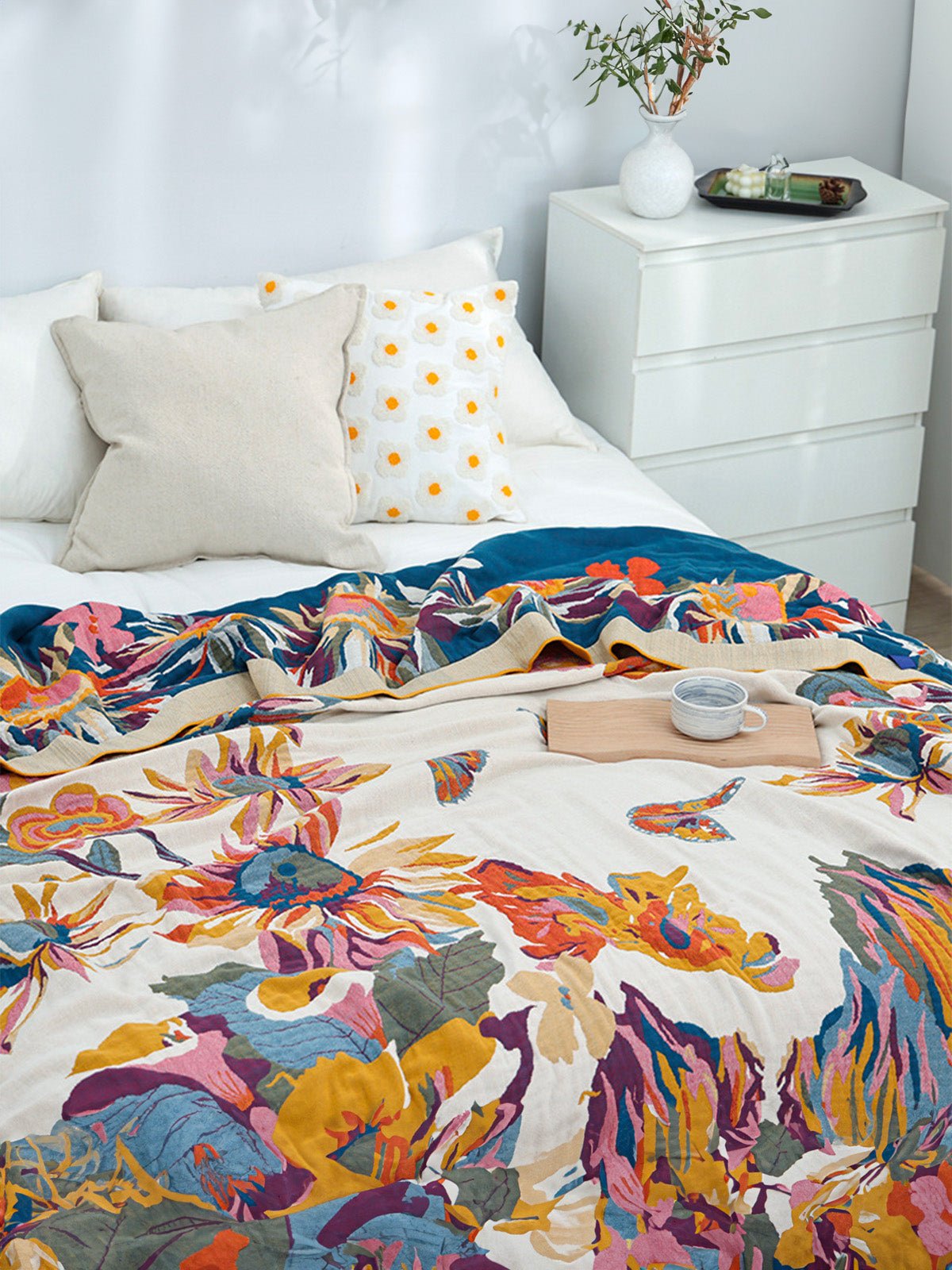 Plaid coton léger, couverture fleurie, jeté de lit coloré, plaid d’été, couverture décorative, modèle Tyrel - Multicolore 150 x 200 cm