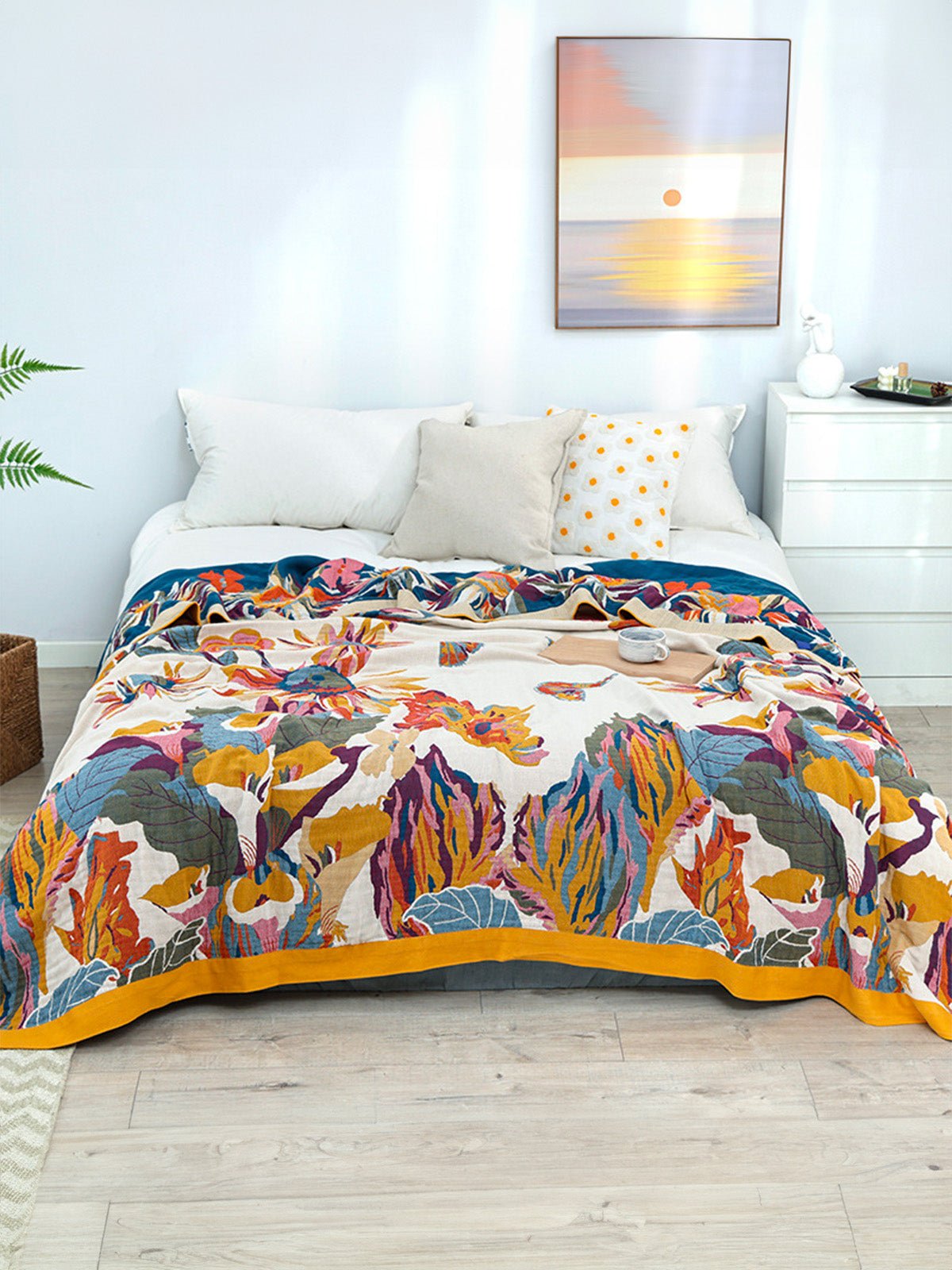 Plaid coton léger, couverture fleurie, jeté de lit coloré, plaid d’été, couverture décorative, modèle Tyrel - Multicolore 150 x 200 cm