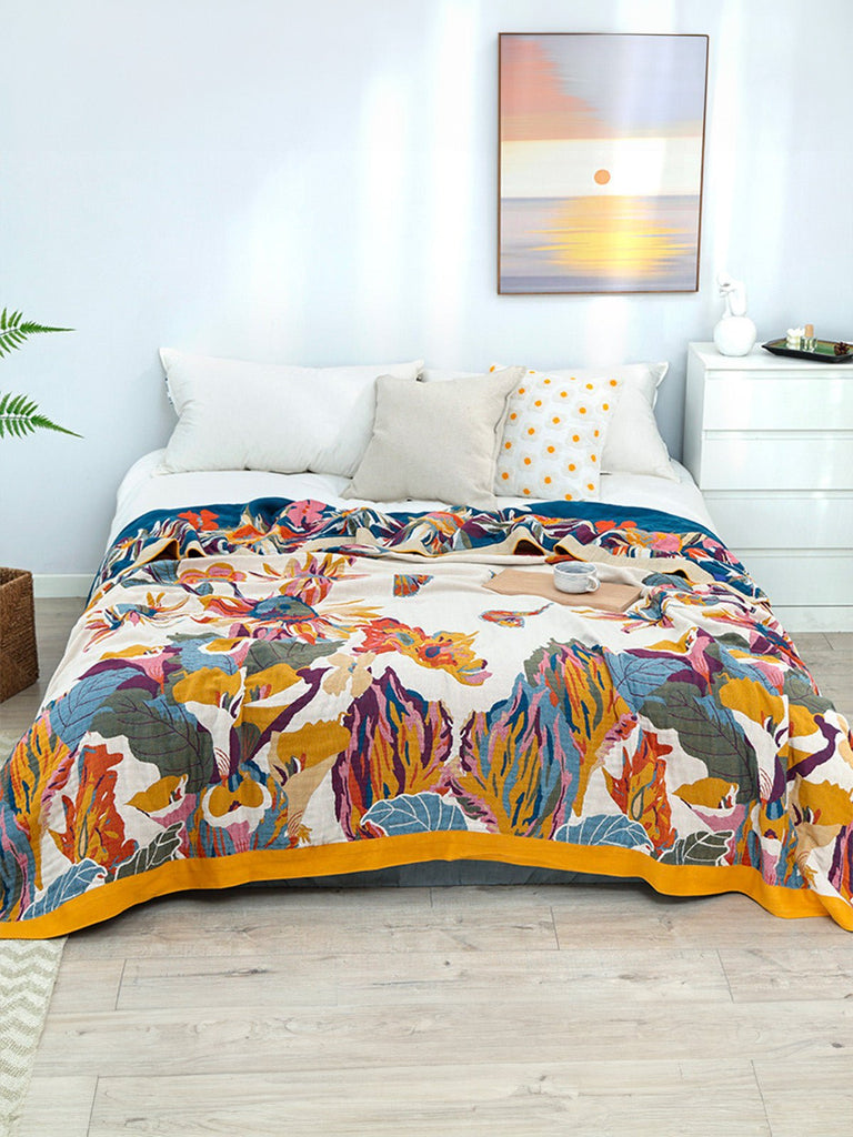 Plaid coton léger, couverture fleurie, jeté de lit coloré, plaid d’été, couverture décorative, modèle Tyrel - Multicolore 150 x 200 cm