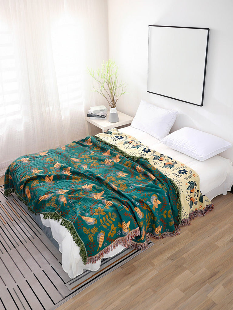 Plaid coton oiseau floral, couverture douce canapé lit, jeté réversible décoratif, plaid vert tissé, grande taille cocooning, modèle Kaelis - Vert 150 x 200 cm