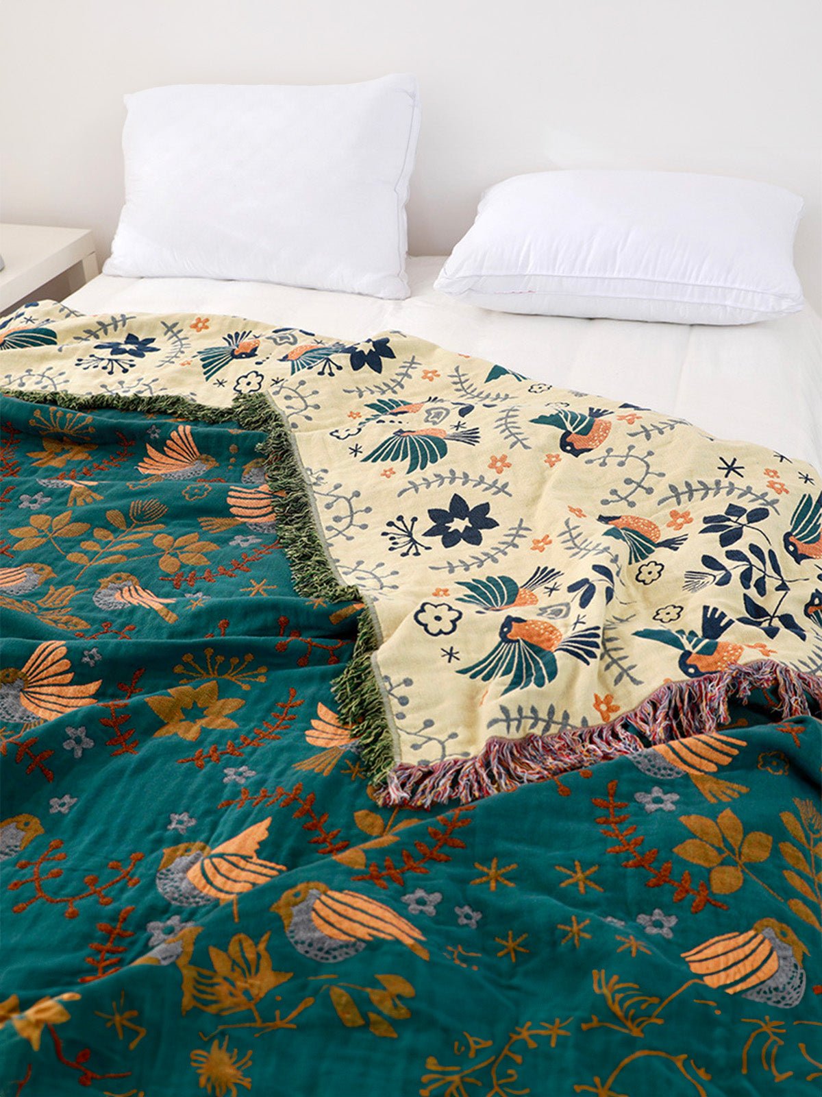 Plaid coton oiseau floral, couverture douce canapé lit, jeté réversible décoratif, plaid vert tissé, grande taille cocooning, modèle Kaelis - Vert 150 x 200 cm