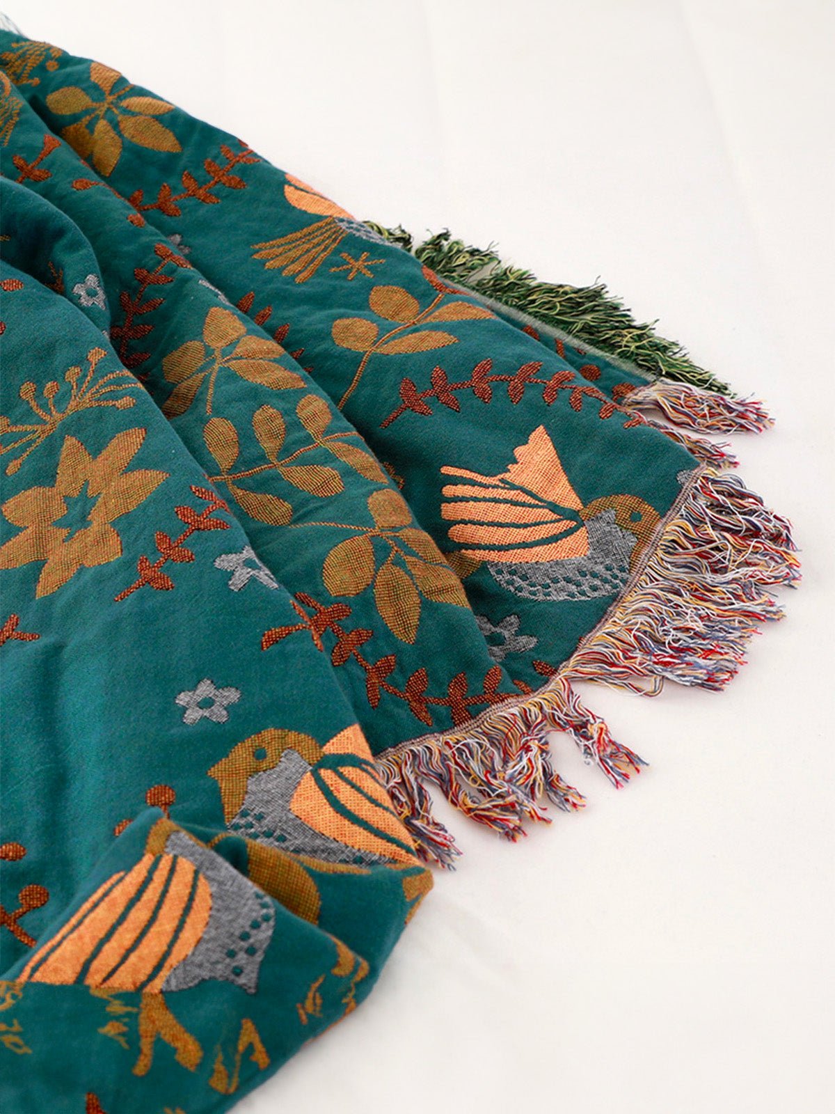 Plaid coton oiseau floral, couverture douce canapé lit, jeté réversible décoratif, plaid vert tissé, grande taille cocooning, modèle Kaelis - Vert 150 x 200 cm