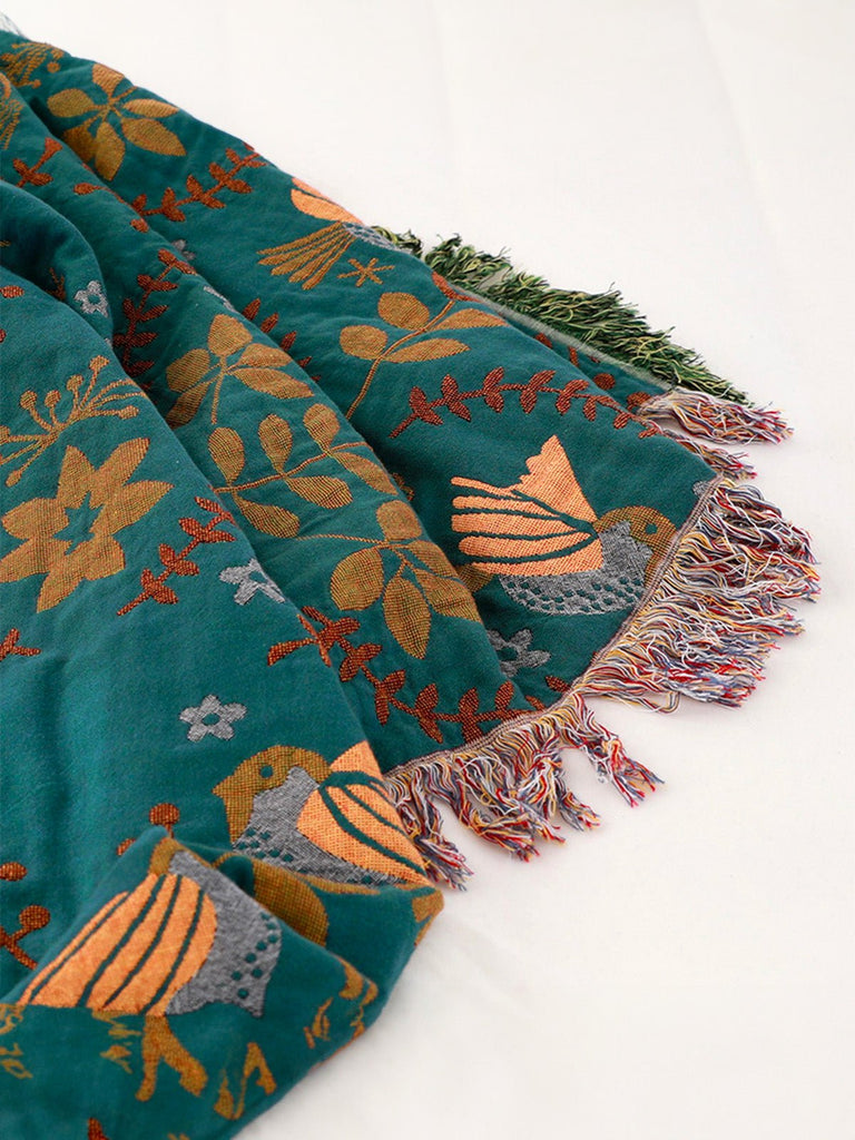 Plaid coton oiseau floral, couverture douce canapé lit, jeté réversible décoratif, plaid vert tissé, grande taille cocooning, modèle Kaelis - Vert 150 x 200 cm