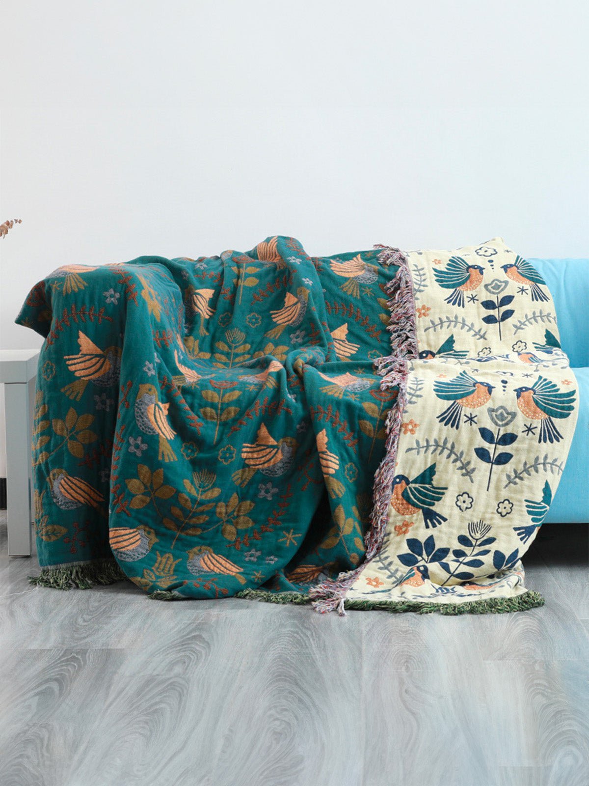 Plaid coton oiseau floral, couverture douce canapé lit, jeté réversible décoratif, plaid vert tissé, grande taille cocooning, modèle Kaelis - Vert 150 x 200 cm