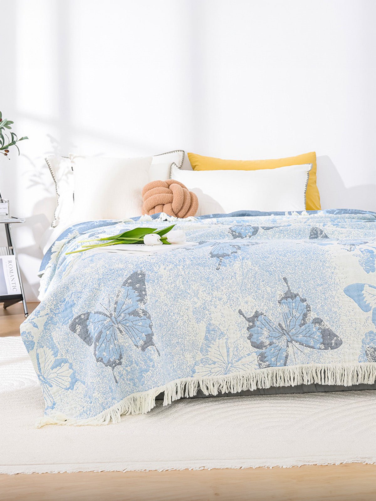 Plaid coton papillons bleus, jeté de lit, couverture légère, tissu respirant, douceur estivale, modèle Sélio - Bleu 200 x 230 cm