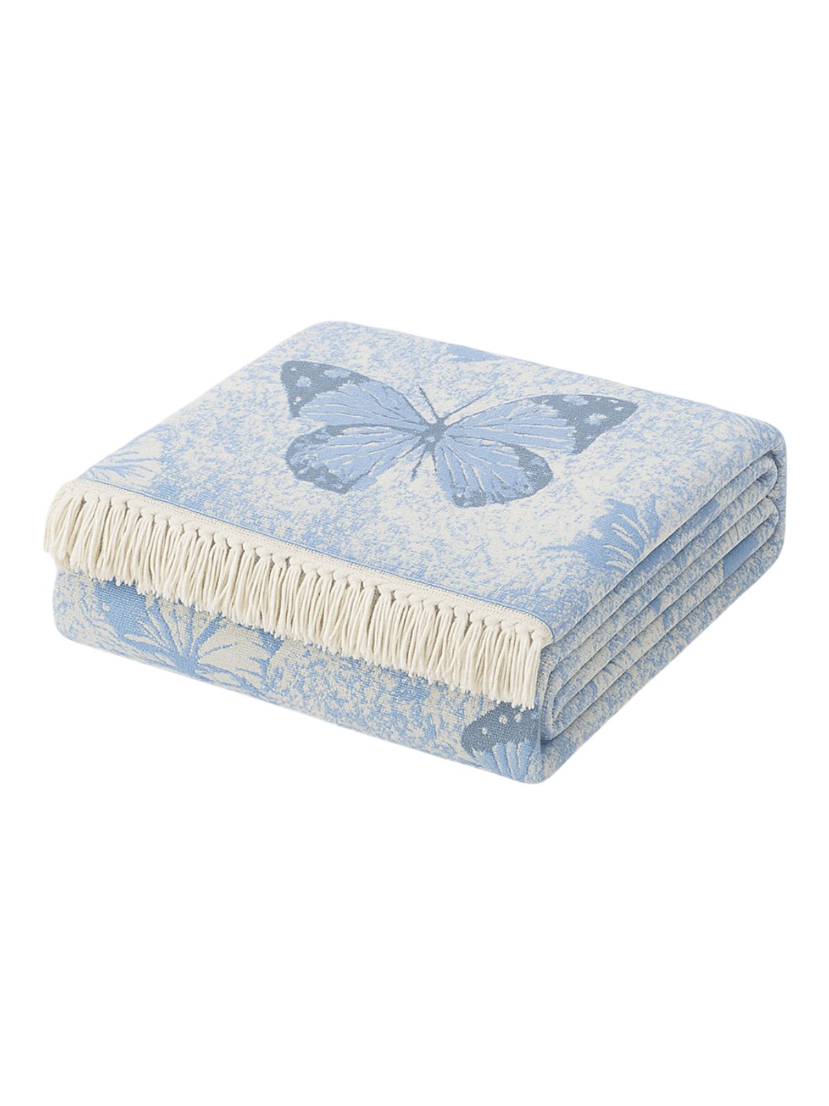 Plaid coton papillons bleus, jeté de lit, couverture légère, tissu respirant, douceur estivale, modèle Sélio - Bleu 200 x 230 cm