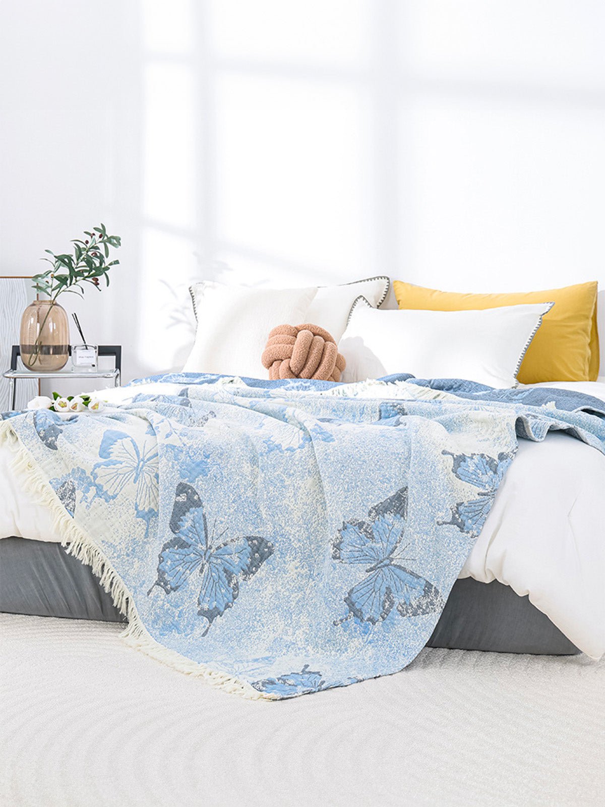Plaid coton papillons bleus, jeté de lit, couverture légère, tissu respirant, douceur estivale, modèle Sélio - Bleu 200 x 230 cm