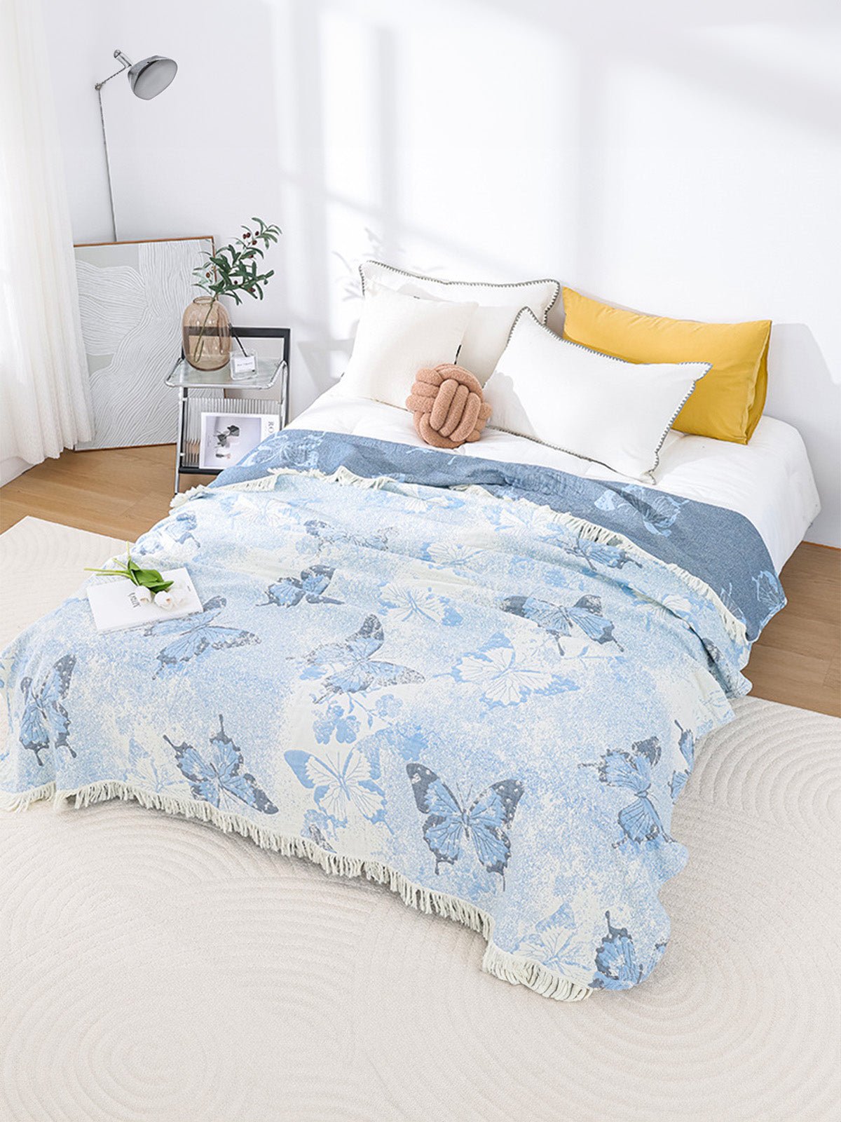 Plaid coton papillons bleus, jeté de lit, couverture légère, tissu respirant, douceur estivale, modèle Sélio - Bleu 200 x 230 cm