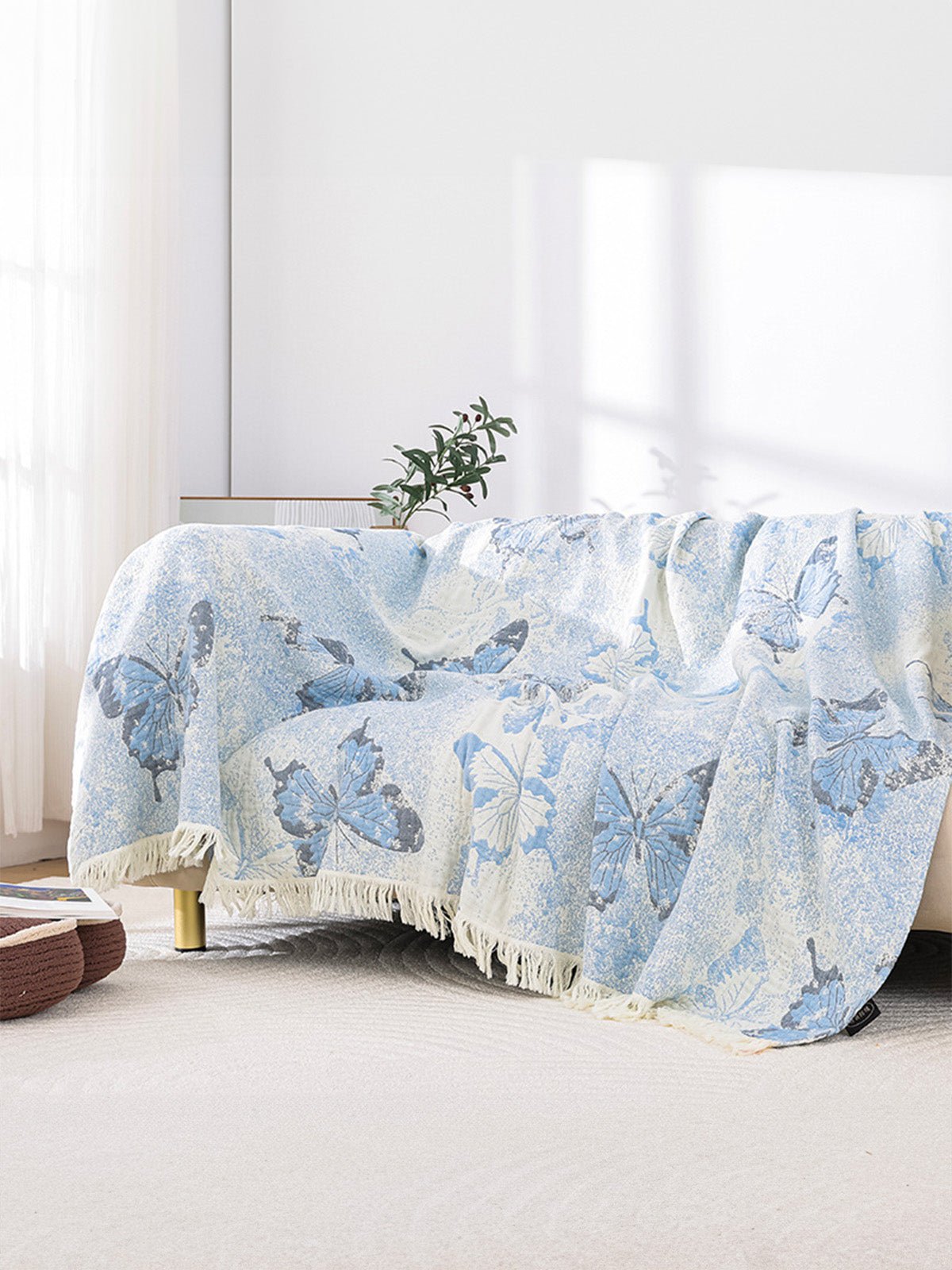 Plaid coton papillons bleus, jeté de lit, couverture légère, tissu respirant, douceur estivale, modèle Sélio - Bleu 200 x 230 cm