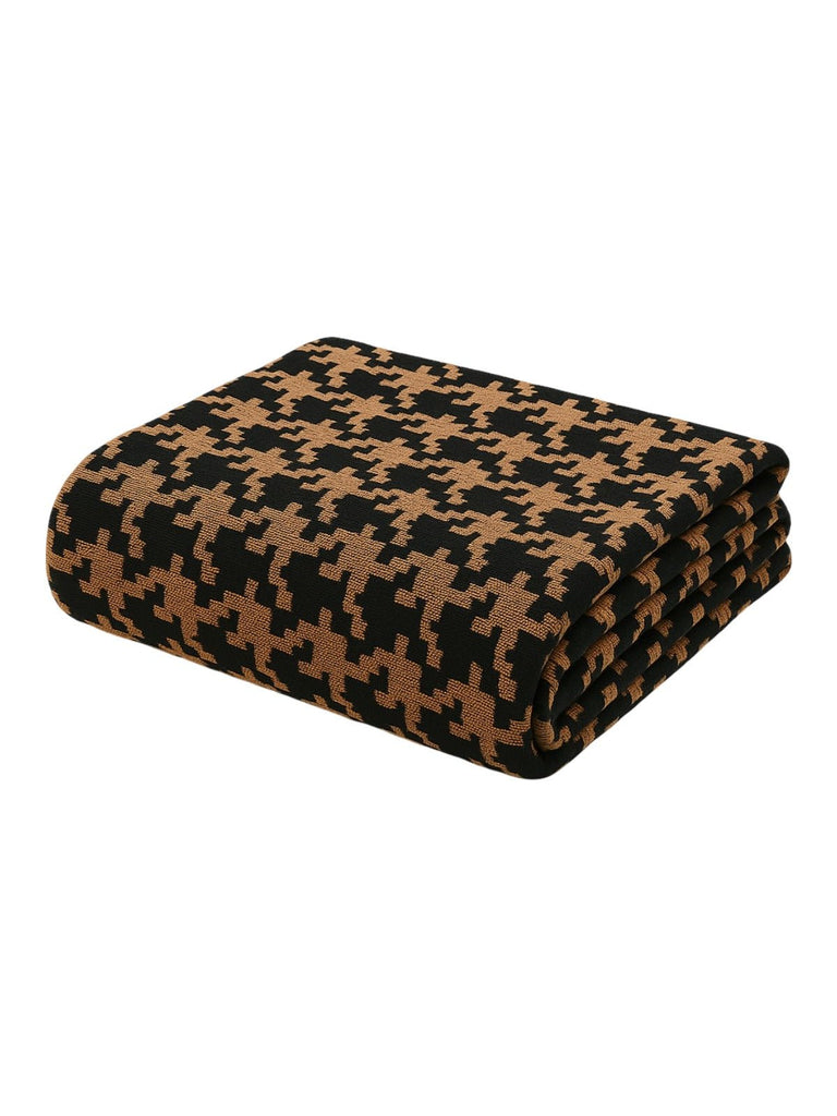 Plaid coton pied - de - poule, jeté de canapé cosy, couverture douce été, plaid déco salon, plaid noir blanc ou noir café, modèle Thalis - Marron et noir 130 x 160 cm