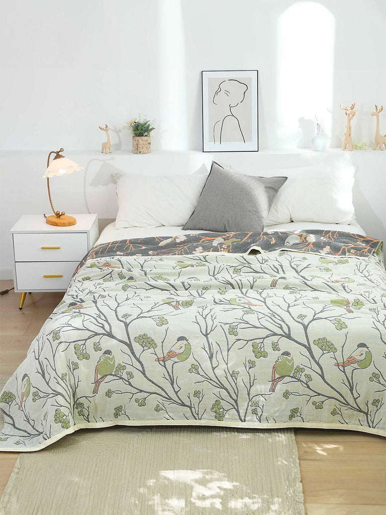 Plaid coton respirant, couverture été double face, oiseau arbre, 200x230, déco chambre, modèle Enoa - Vert 150 x 200 cm