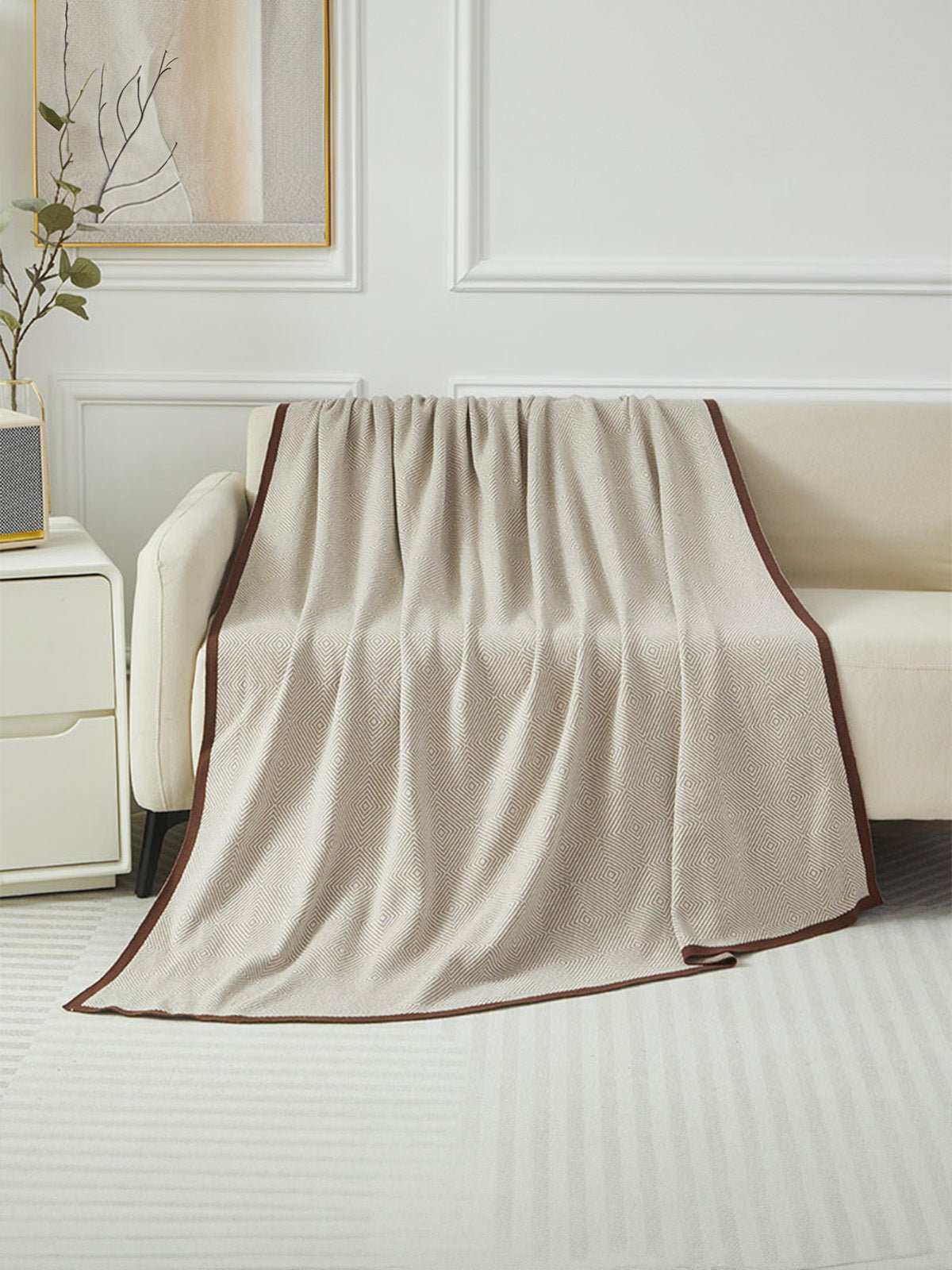 Plaid en coton doux, motif géométrique, bord contrasté, couverture canapé, jeté décoratif, modèle Awen - Marron