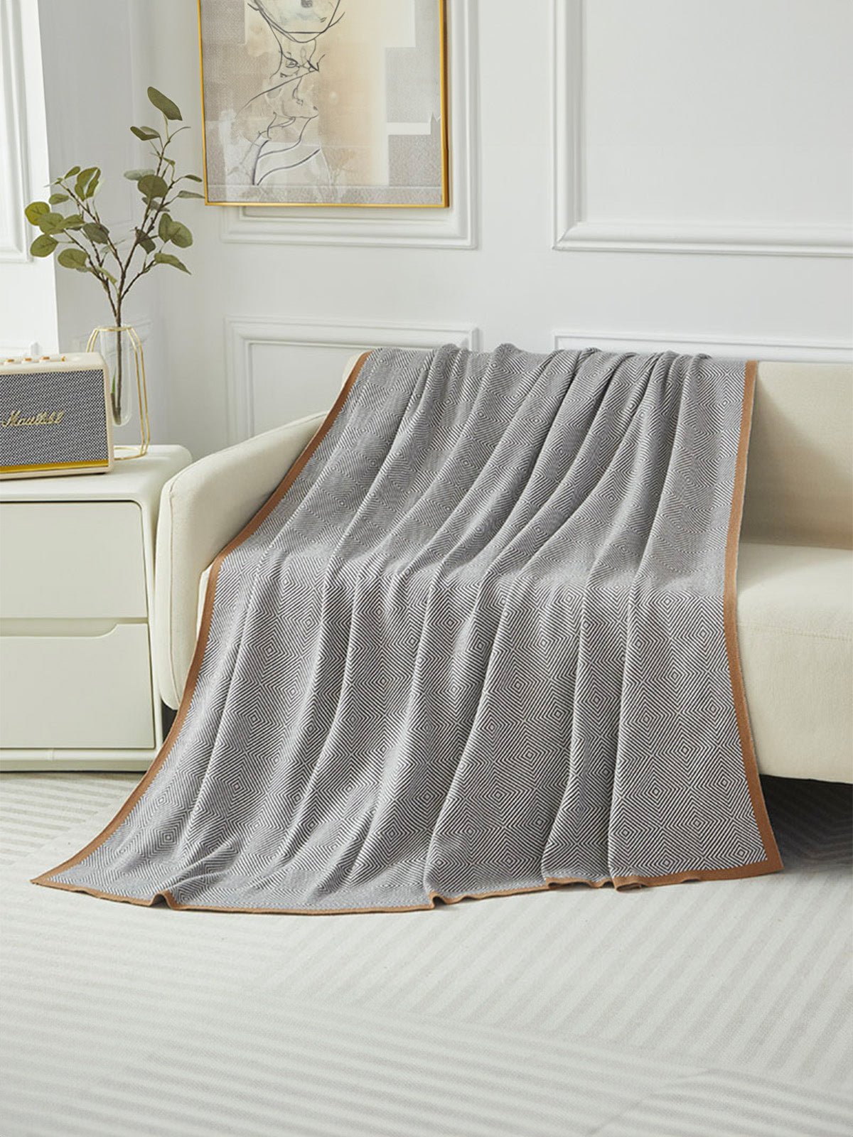 Plaid en coton doux, motif géométrique, bord contrasté, couverture canapé, jeté décoratif, modèle Awen - Beige