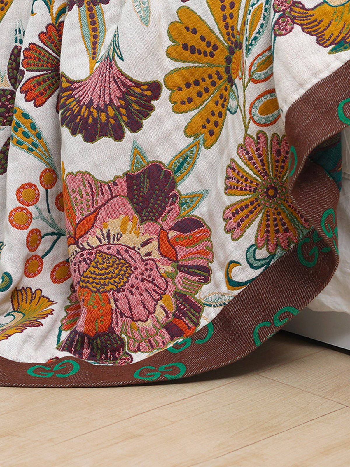 Plaid fleuri coton gaufré, couverture légère lit canapé, jeté de lit bohème, motif floral coloré, plaid respirant été, modèle Yelma - Multicolore 150 x 200 cm