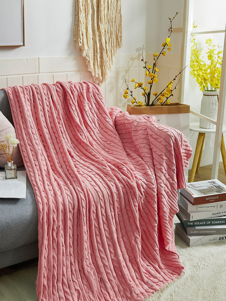 Plaid tricot coton, couverture maille torsadée, plaid canapé, plaid doux, jeté lit cosy, modèle Naho - Rose