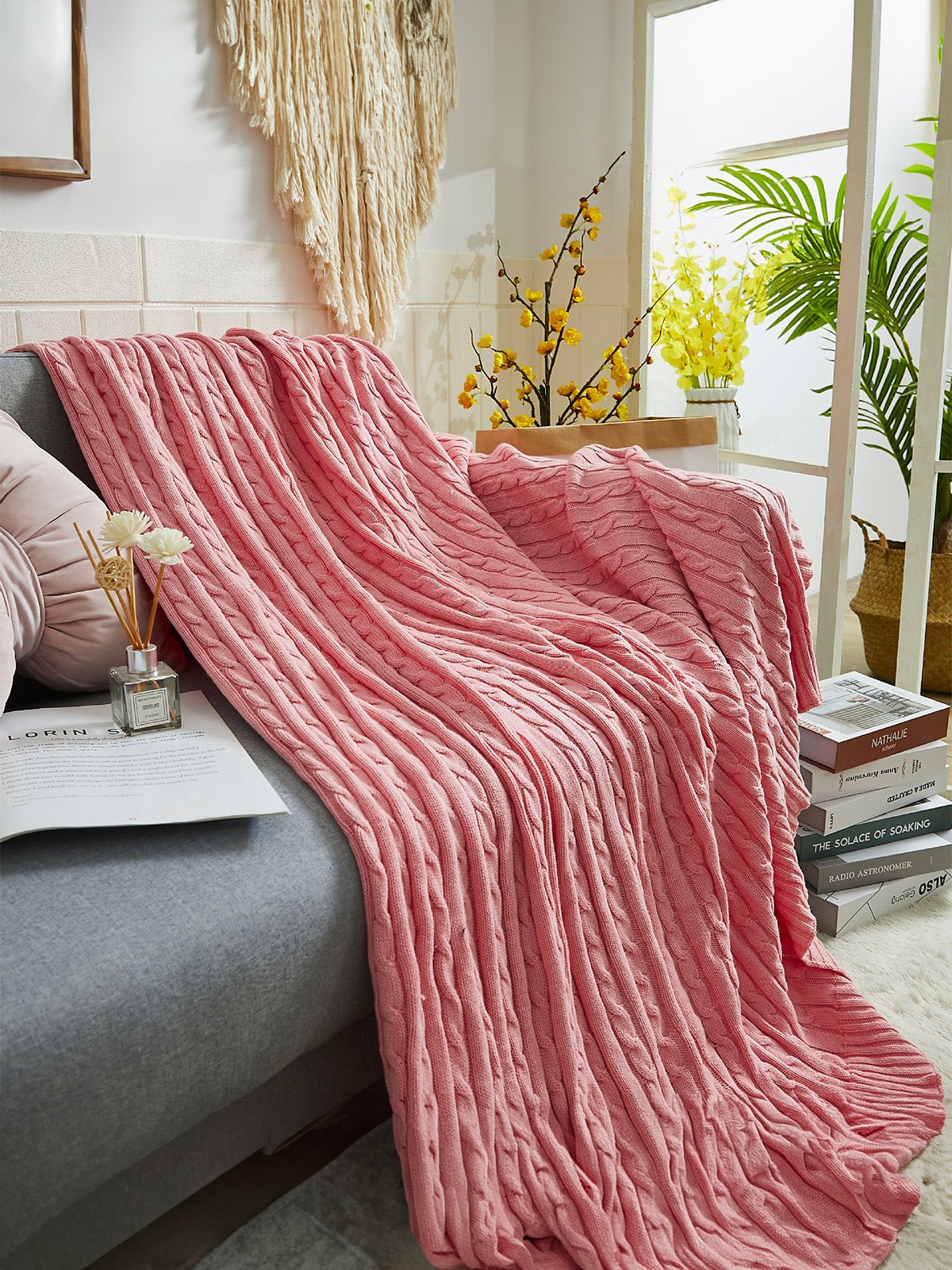 Plaid tricot coton, couverture maille torsadée, plaid canapé, plaid doux, jeté lit cosy, modèle Naho - Rose