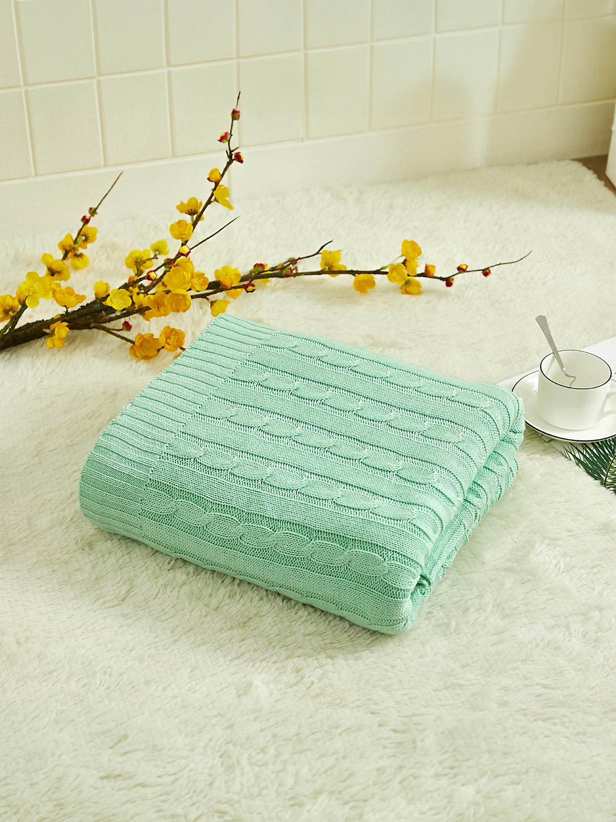 Plaid tricot coton, couverture maille torsadée, plaid canapé, plaid doux, jeté lit cosy, modèle Naho - Vert
