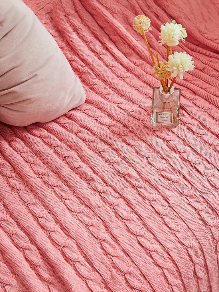 Plaid tricot coton, couverture maille torsadée, plaid canapé, plaid doux, jeté lit cosy, modèle Naho - Rose