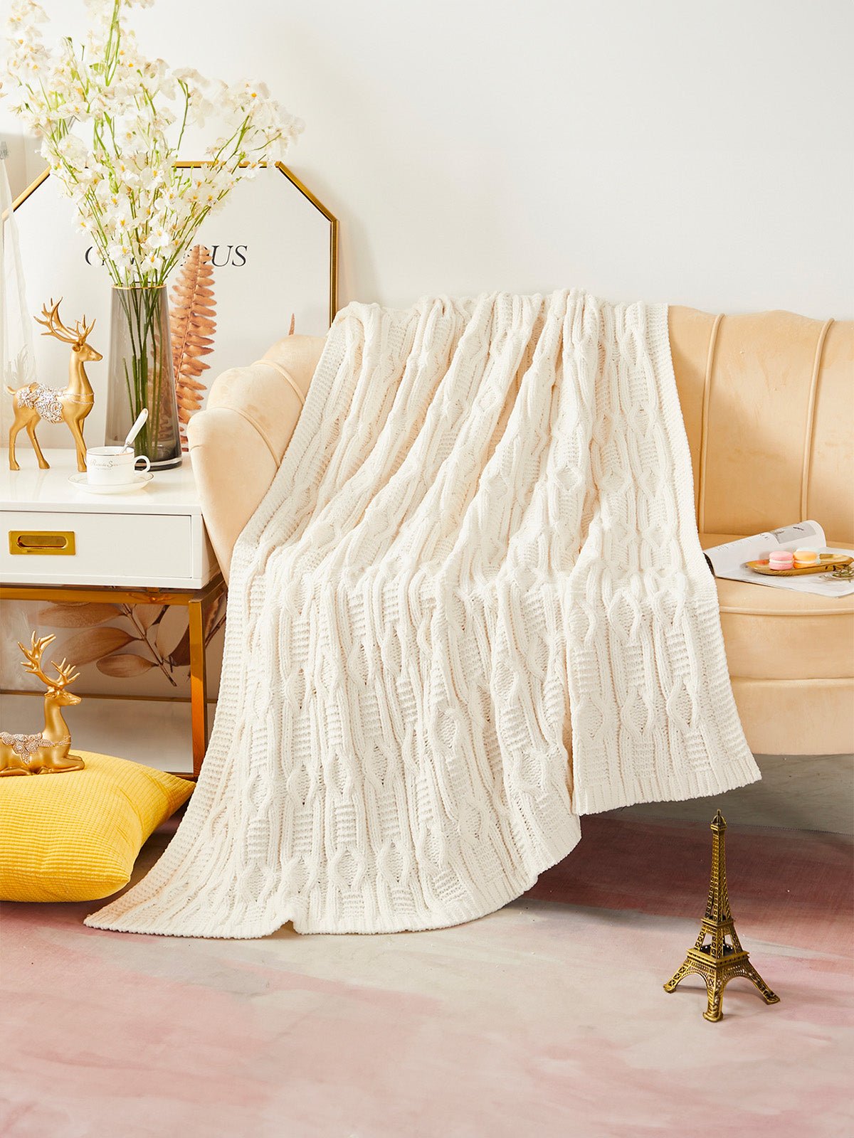 Plaid tricoté doux, couverture coton crème, jeté canapé cosy, plaid nordique maison, couverture torsadée chaude, modèle Aïko - Blanc