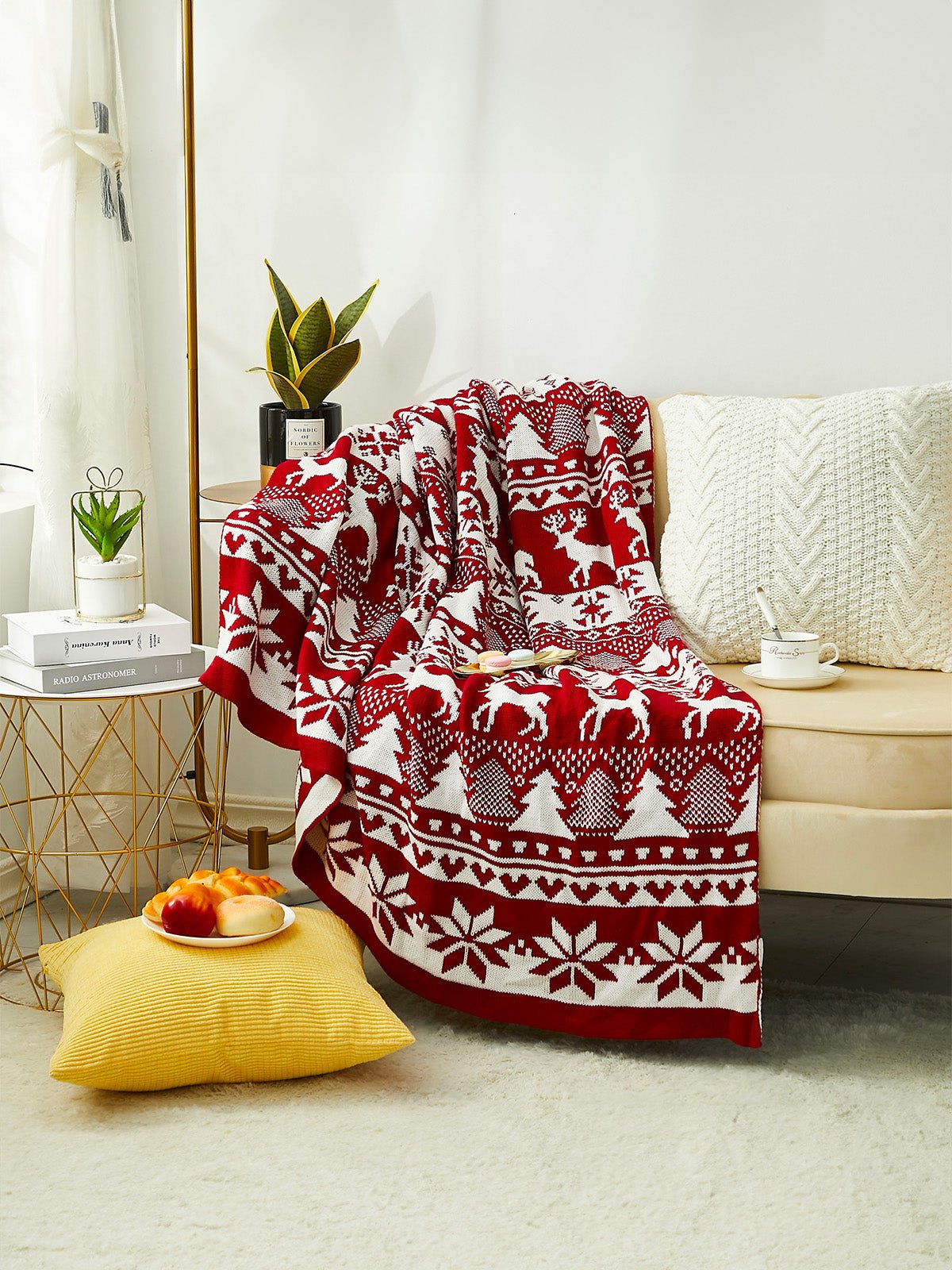 Plaid tricoté rouge, motifs rennes, couverture de Noël, chaude et douce, jeté canapé lit, modèle Sachaël - Rouge 127 x 153 cm