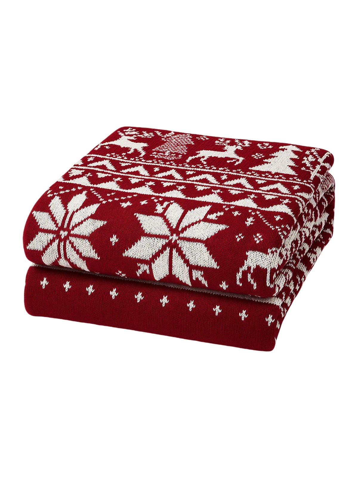 Plaid tricoté rouge, motifs rennes, couverture de Noël, chaude et douce, jeté canapé lit, modèle Sachaël - Rouge 127 x 153 cm