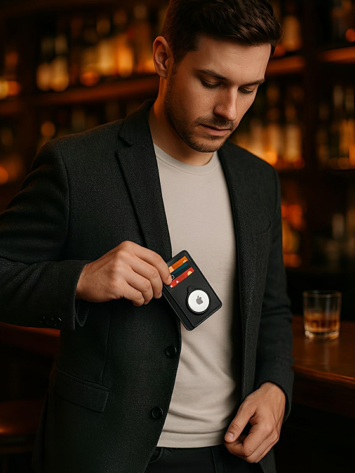 Porte - cartes avec emplacement pour AirTag, compact, ultra - fin, sécurité anti - vol, en simili vegan, plusieurs compartiments, modèle Casper - Porte - feuille - Noir