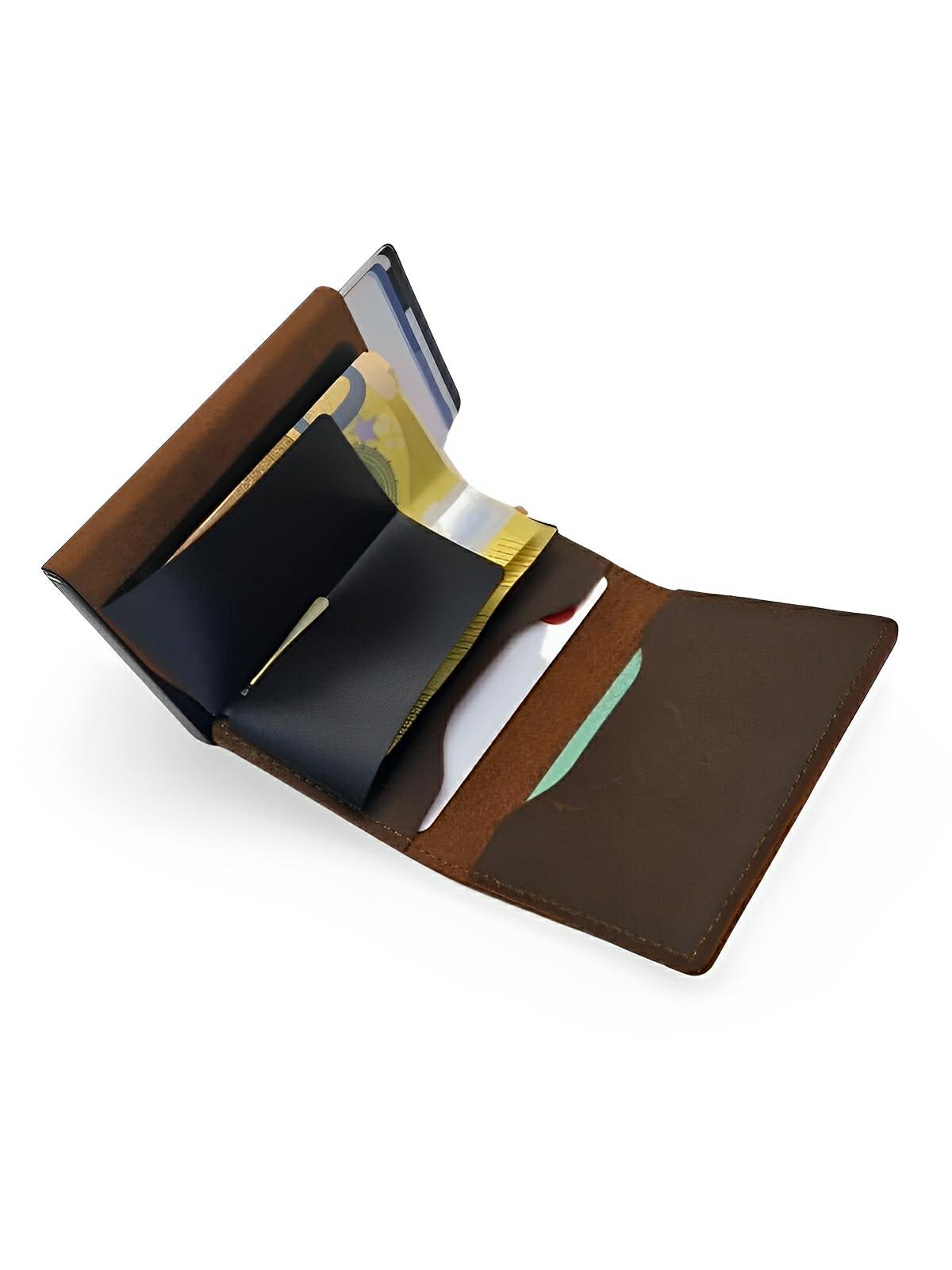 Porte - cartes compact en cuir, RFID sécurisé, support AirTag, porte - cartes automatique, modèle Quentin - Porte - feuille - Marron