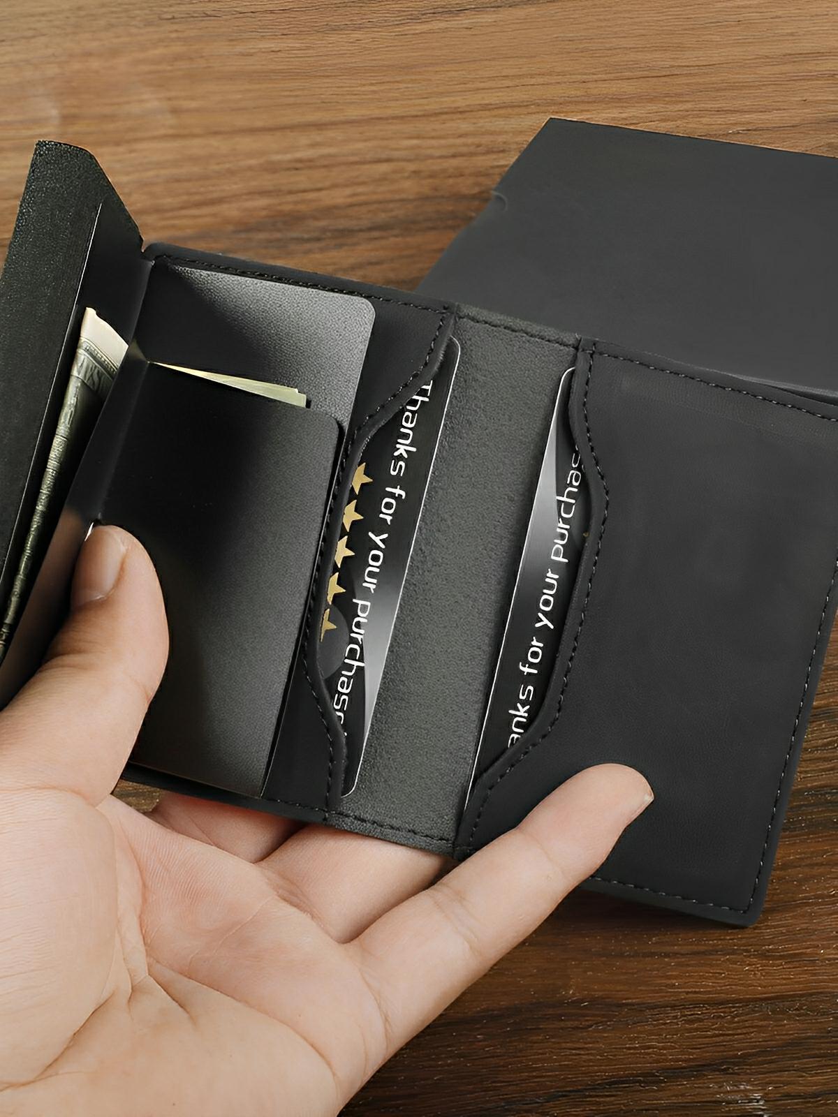 Porte - cartes compact en cuir, RFID sécurisé, support AirTag, porte - cartes automatique, modèle Quentin - Porte - feuille - Noir