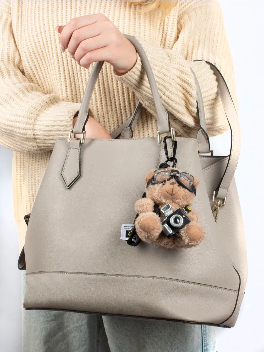 Porte - clés nounours, bijou de sac appareil photo, ourson avec lunettes, peluche mignonne sac, accessoire lumineux sac à main, modèle Winnie - Beige