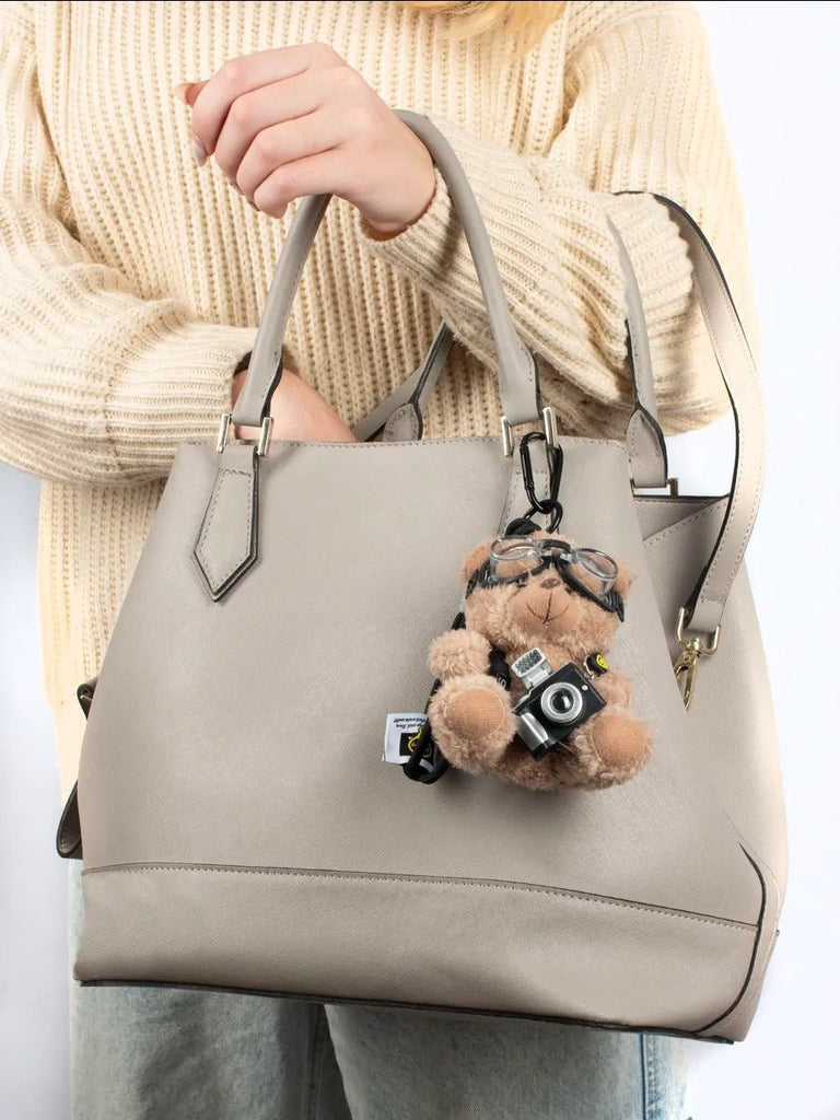 Porte - clés nounours, bijou de sac appareil photo, ourson avec lunettes, peluche mignonne sac, accessoire lumineux sac à main, modèle Winnie - Beige