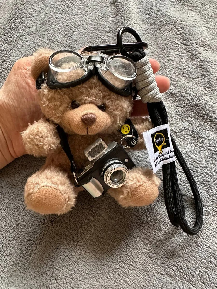 Porte - clés nounours, bijou de sac appareil photo, ourson avec lunettes, peluche mignonne sac, accessoire lumineux sac à main, modèle Winnie - Beige