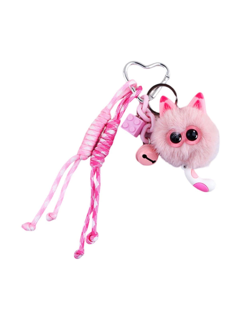 Porte - clés peluche chat, bijou de sac mignon, breloque fantaisie blanche, mousqueton cœur, accessoire sac original, modèle Pouf - Bijoux de sac - Rose