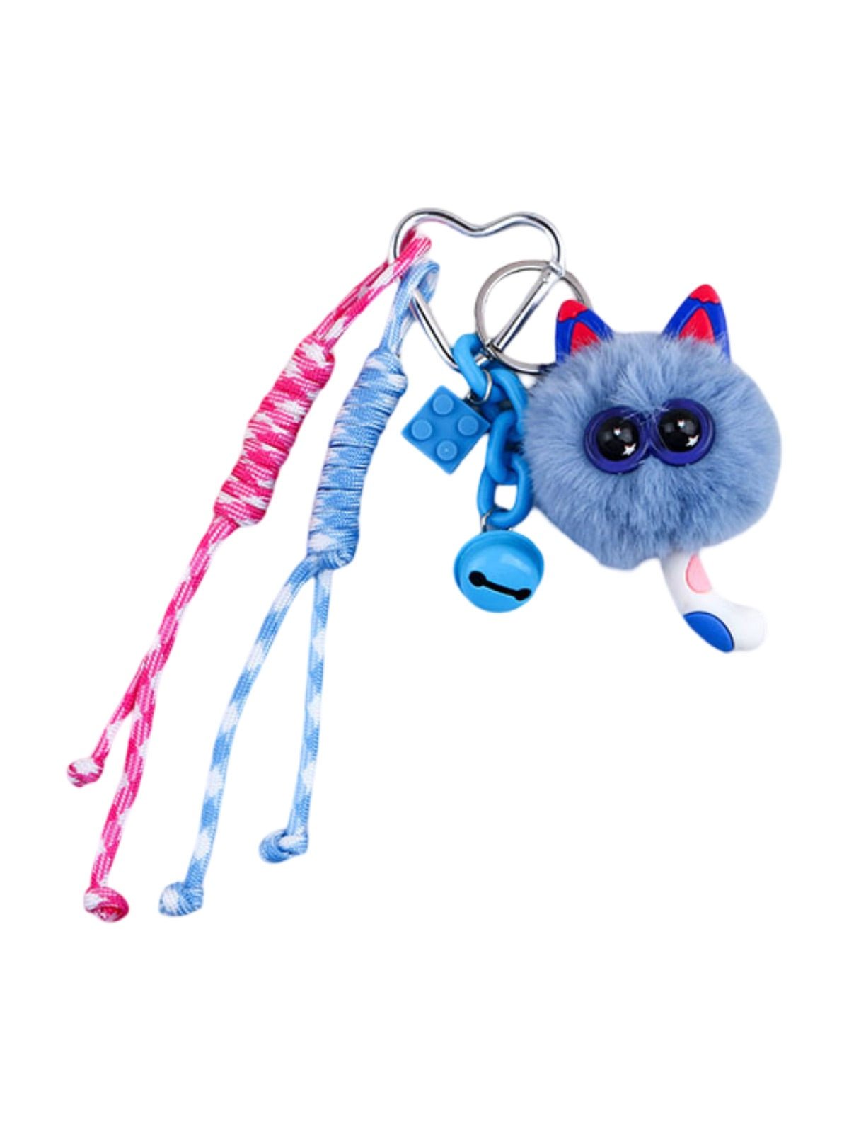 Porte - clés peluche chat, bijou de sac mignon, breloque fantaisie blanche, mousqueton cœur, accessoire sac original, modèle Pouf - Bijoux de sac - Bleu